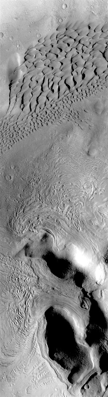 Dunes and flowing debris in Moreux Crater (THEMIS_IOTD_20180530)