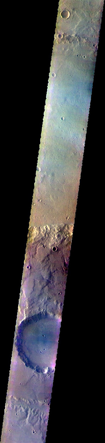 False-color crater and plains in Terra Cimmeria (THEMIS_IOTD_20180831)